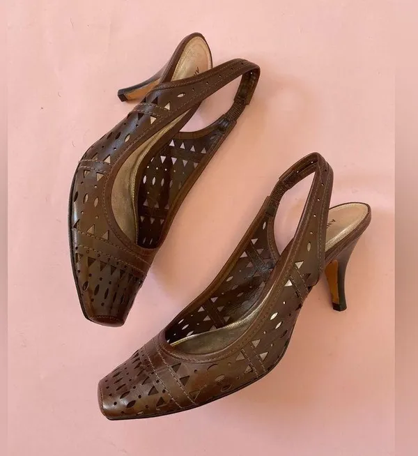 Antonio Melani Brown Leather Laser Cut Square Toe Sling Kitten Heels - Image 2