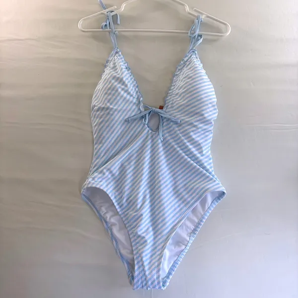 Shade & Shore Blue Striped‎ Tie Front Ruffle Cottagecore Swimsuit Medium NEW - Image 2
