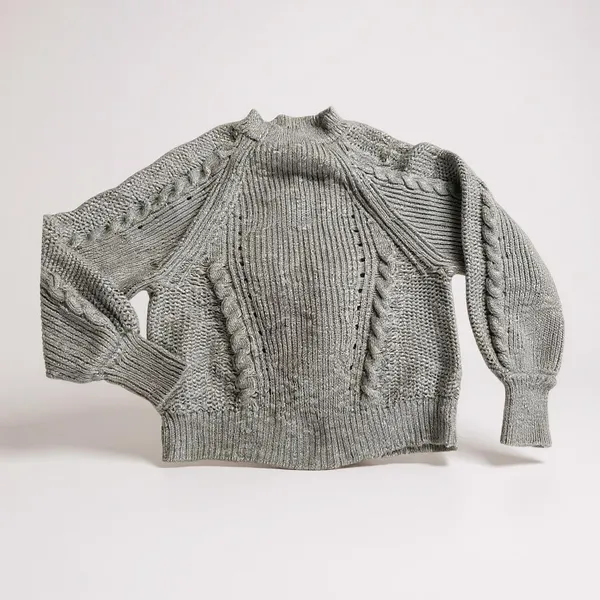 American‎ Eagle Sweater Cable Knit Grey Mock Neck Balloon Sleeve Womens S Boho - Image 7