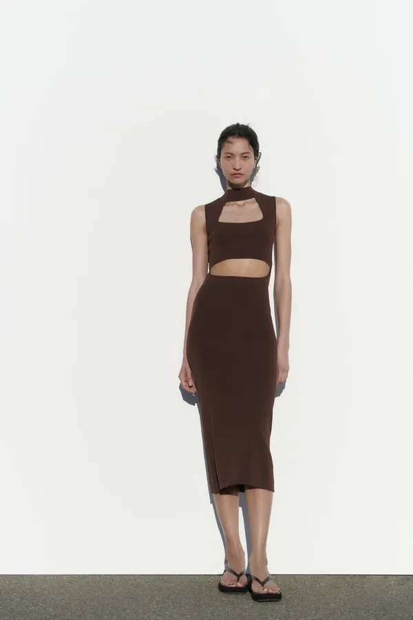 Zara Brown Cutout Dress ribbed fitted casual evening date midi - Image 6