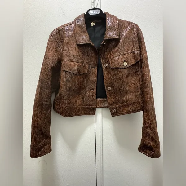 MNG Mango Faux Suede Snakeskin Printed Cropped Jacket Large - Image 3