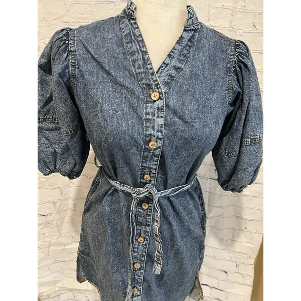 Rebellion denim puff sleeve button down short shirt dress with a tie waist S - Image 2