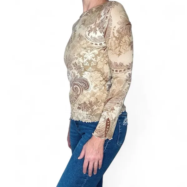 Vintage Y2K Tan Beige Paisley Long Sleeve Shirt - Image 2