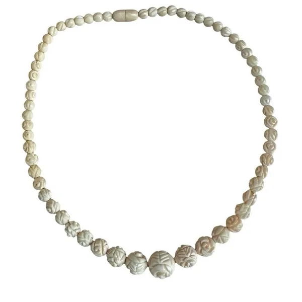 Vintage Hand-Carved Bone Bead Necklace with Floral Detail - Image 2