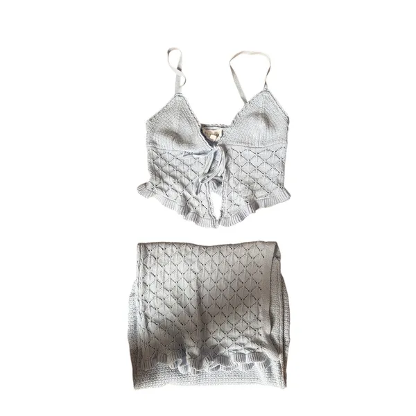 Olive+ Oak Light Blue Pointelle Knit 2 Piece Set Tie Front Crop‎ Top Midi Skirt - Image 4