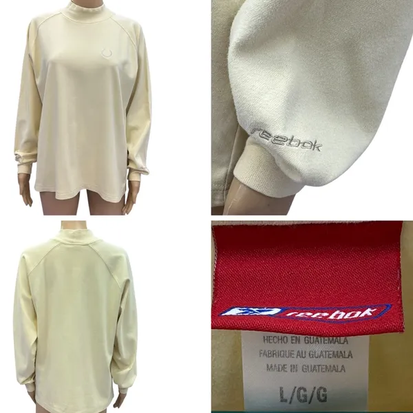 Vintage Reebok Mock Neck Pale Yellow Embroidered Horseshoe Logo Sweatshirt Large - Image 3