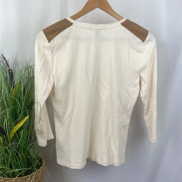 Ralph Lauren Cream & Brown Leather Shoulder Long Sleeve Ribbed Tee T Shirt Top M - Image 3