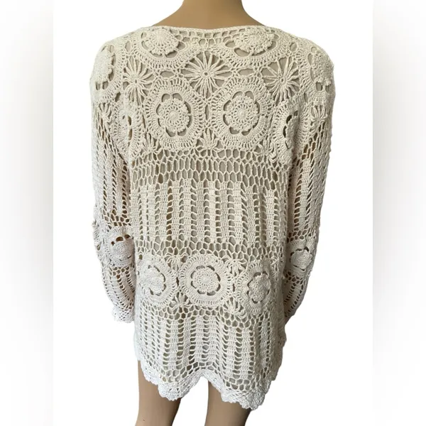 Roaman’s Vintage 90s Cream Boho Hippie Western Eclectic Crochet Long Sleeve Top - Image 4