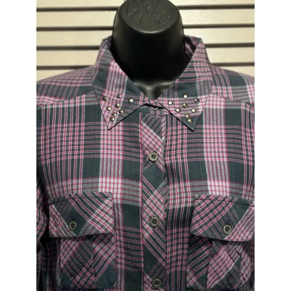 O'Neill Long Sleeve Shirt Pink/Gray Plaid‎ Size Medium Button Up Studs - Image 4