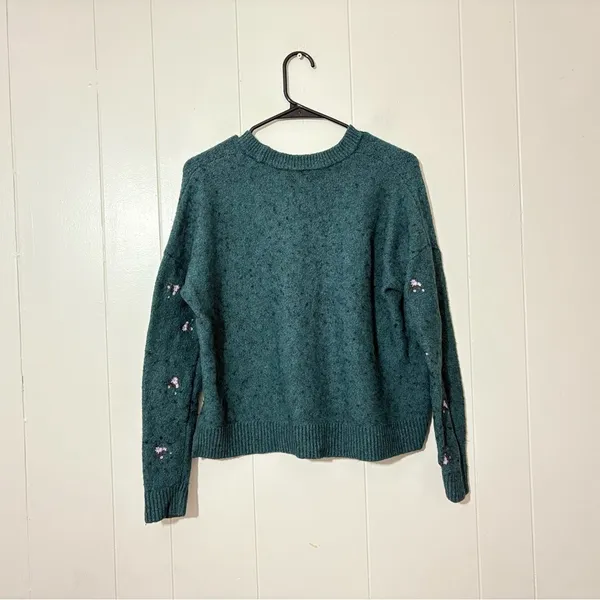Madewell Floral Embroidered Merino Wool Blend Sweater Green Crewneck Size Small - Image 7