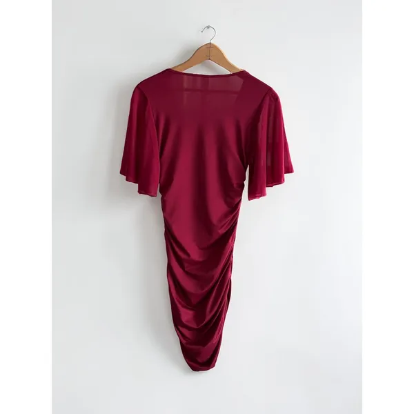 YESTTO Burgundy‎ Ruched Deep V-Neck Flutter Sleeve Bodycon Mini Dress Small NWT - Image 3