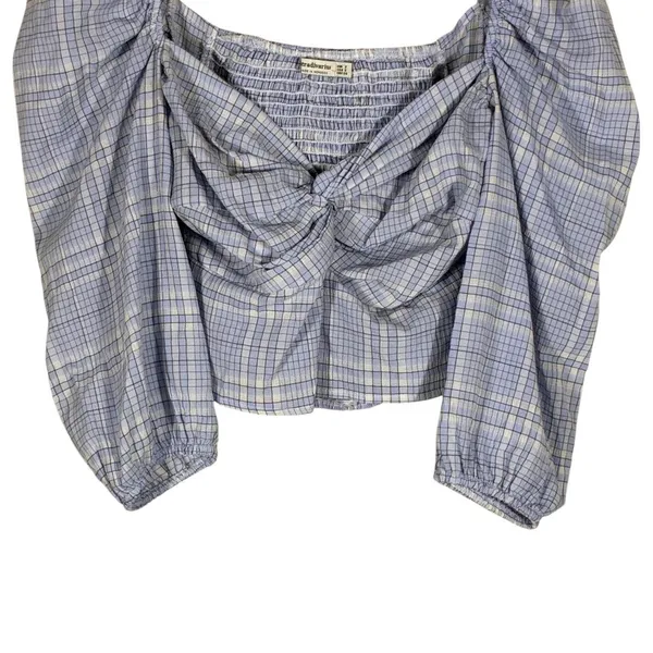 Stradivarius Knot Front Plaid Puff Sleeve Crop Top Blue Cottagecore Size S - Image 3