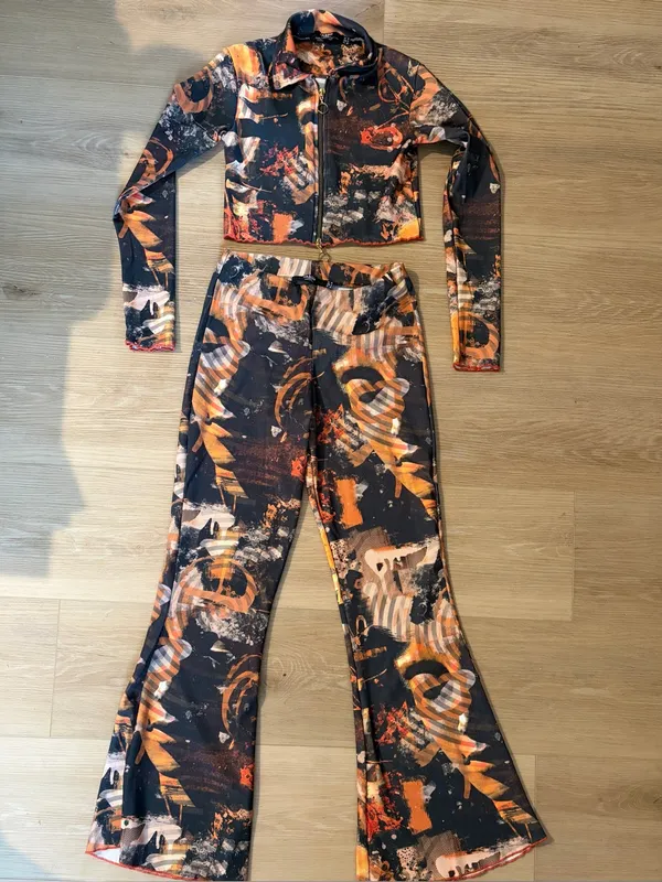 Jaded London Abstract Burn Print Ribbed Zip-Up Cardigan & Flare Pants Set. - Image 3