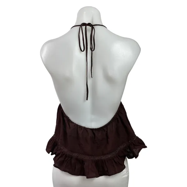 Zara Brown Sleeveless Cami Halter Embroidered Tie Front Ruffle Tank Top Size M - Image 3