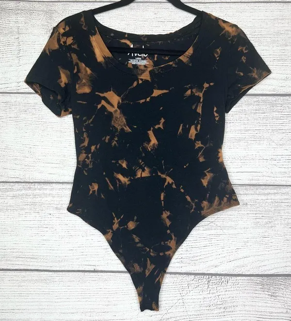 Hand Dyed Black Bleach Tie Dye Scoop Neck Short Sleeve Bodysuit Top Size Large - Image 4