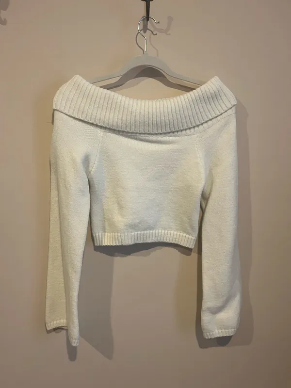 Fold Over Cropped Sweater White - Image 3