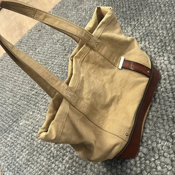 Polo Ralph Lauren Vintage 90's Canvas leather Tote Bag Multi Pocket Khaki - Image 3