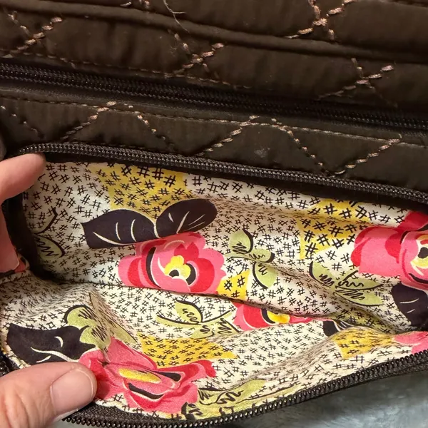 Vera Bradley Brown Microfiber Quilted Shoulder Bag Floral Lining Zip Pockets - Image 8