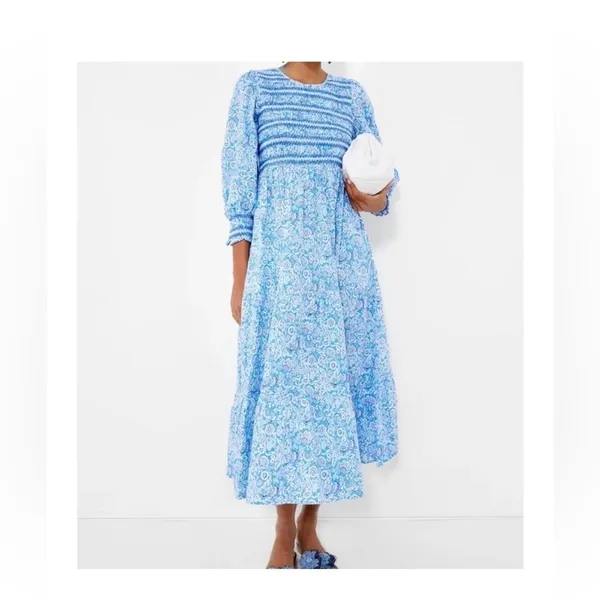 NWT Pink City Prints Isabel Dress XS Ornate Sky Blue Cotton Smocked Midi - Image 13