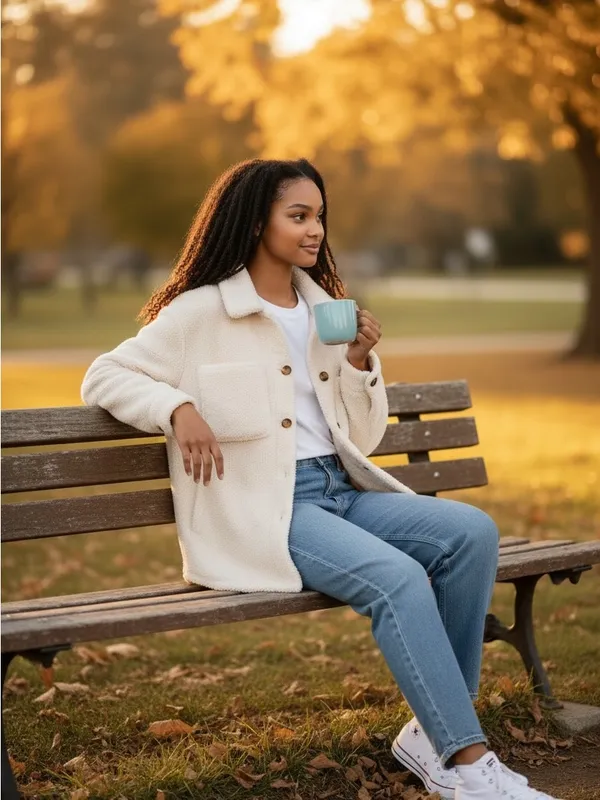 Old Navy Cream Teddy Shacket with Front Pockets - Image 2
