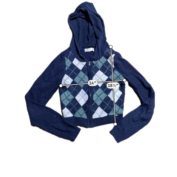 Hollister Argyle Zip Up Knit Hoodie Navy Blue Green Cropped Sweater XS‎ - Image 5