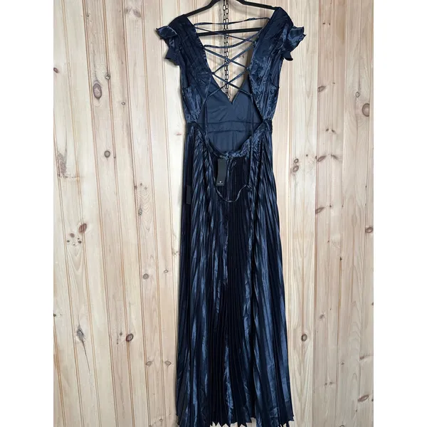 NWT Lulus Exceptional Drama Navy Blue Satin Lace-Up Pleated Maxi Dress Luxe Sz L - Image 6