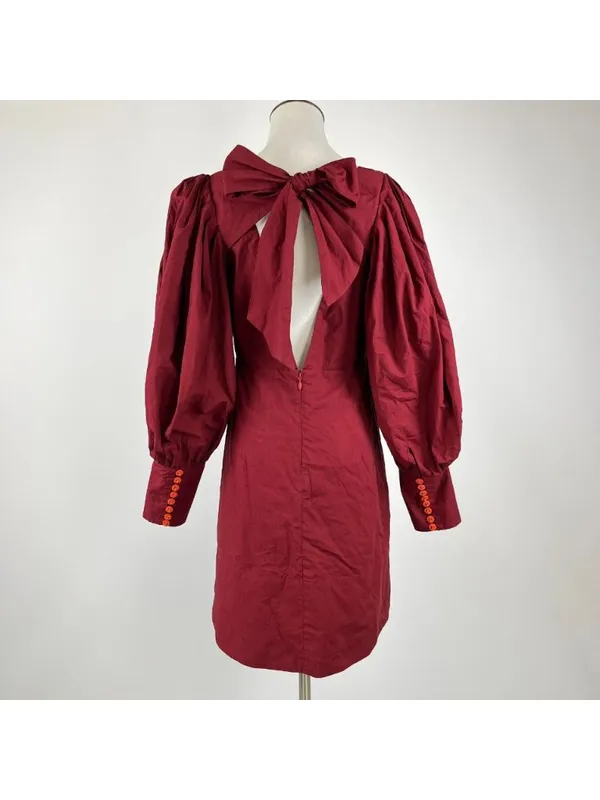 NWOT Farm Rio Cotton Long Sleeve Bow Tie Open Back Mini Dress Red Sz S - Image 4