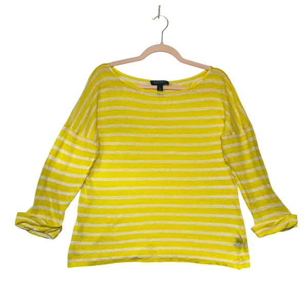 Lauren Ralph Lauren Yellow White Striped 100% Linen Knit Sweater Top Womens L‎ - Image 2