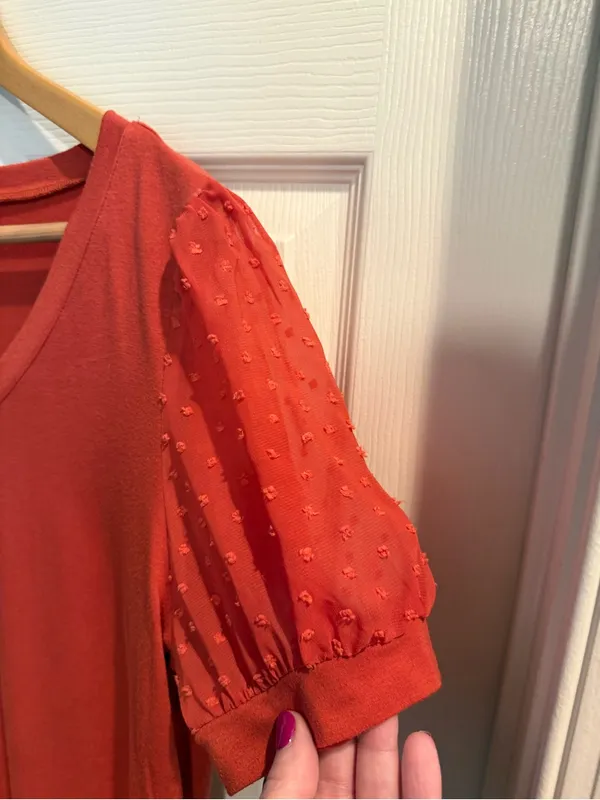 Women’s Orange V-Neck Swiss Dot Short Sleeve Tee - Image 4