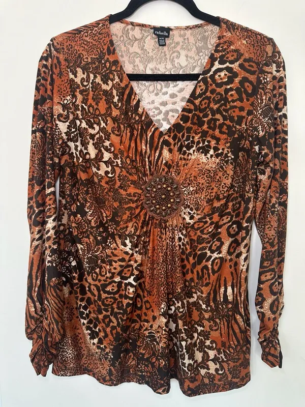 Rafaella V-Neck Blouse Size M Brown Animal Print Beaded Center - Image 2