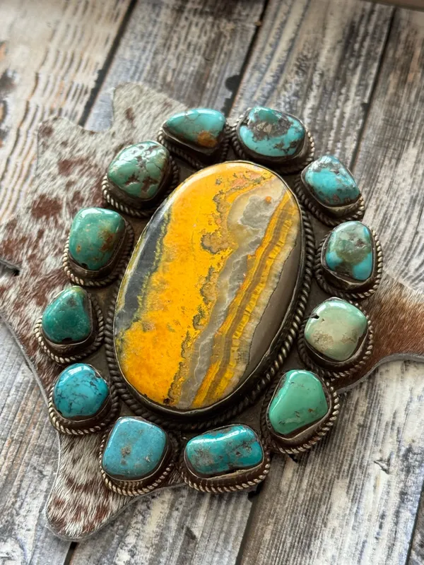Handcrafted Pendant only - Bumblebee Jasper with Turquoise Large Size at 4” x 3” - Image 3
