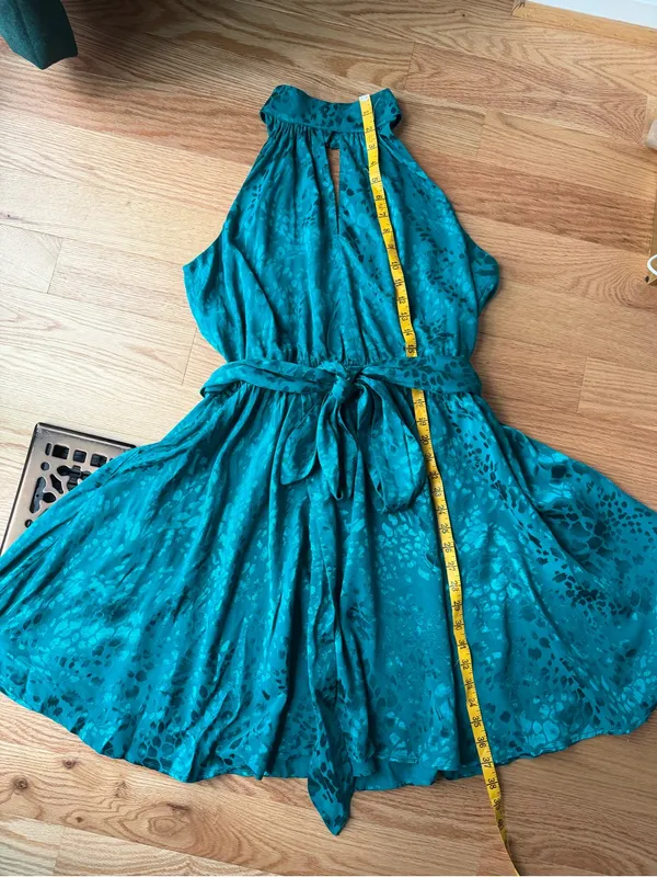 NWT Anthropologie Halter Neck Jacquard Mini Dress Teal Removable Belt Large - Image 6