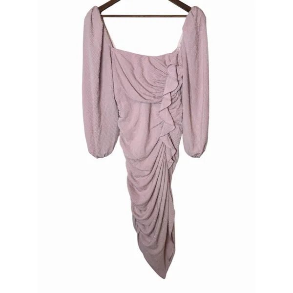 ASTR the Label Athens Ruched Puff Sleeve Shimmer Midi Dress Pink S - Image 5