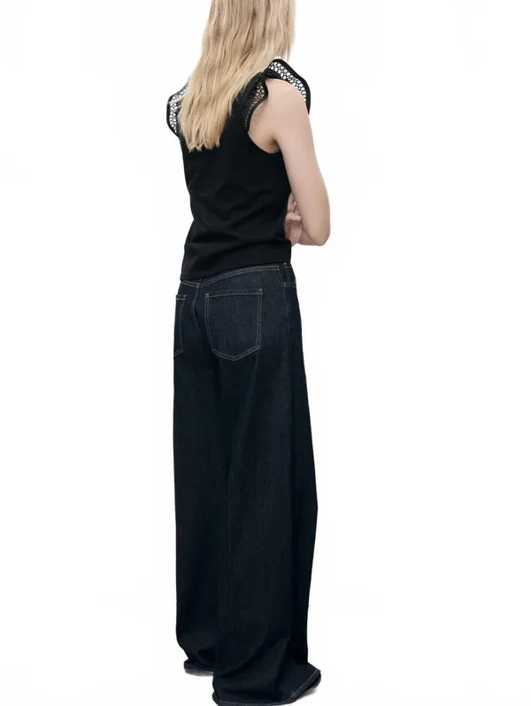 Mango Cotton Top with Lace Neckline NWT Black Small - Image 5