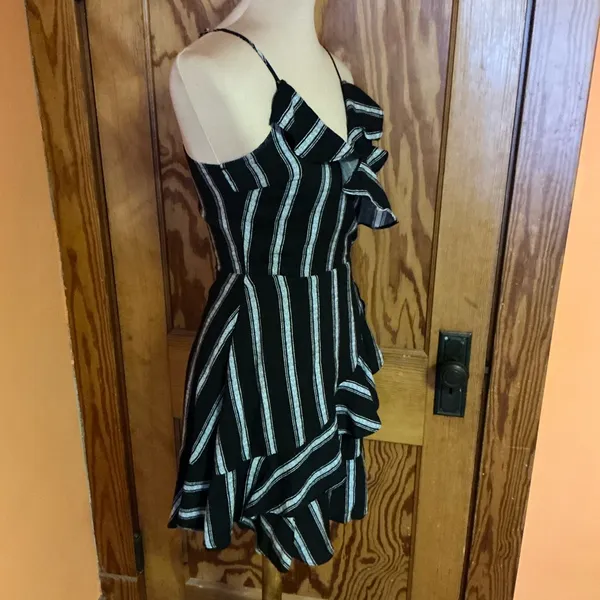 Lydelle Small Black White Striped Ruffle Crossover Mini Dress - Image 12