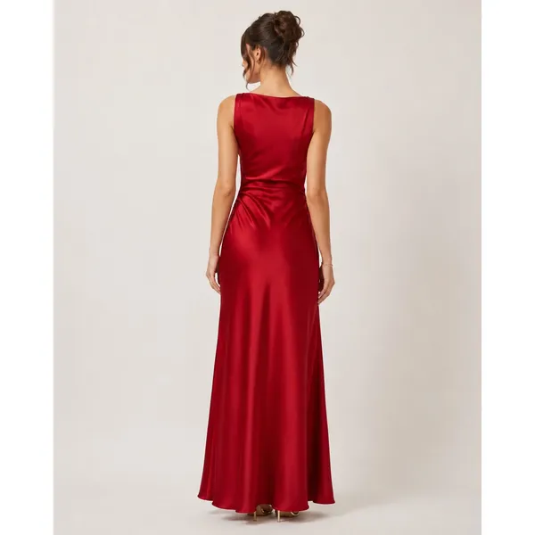 Zara Red Satin Maxi Dress XS Draped Neck Ruched Waist Sleeveless Evening Gown - Image 3