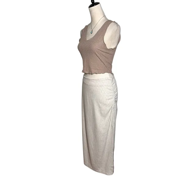 Miou Muse Linen Blend Ruched Midi Skirt M‎ Striped Minimalist Neutral Old Money - Image 3