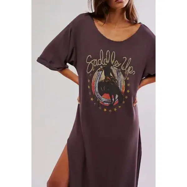 NEW Free People x Vintage Souls Chocolate Brown Saddle Up Graphic Maxi Tee Dress - Image 3