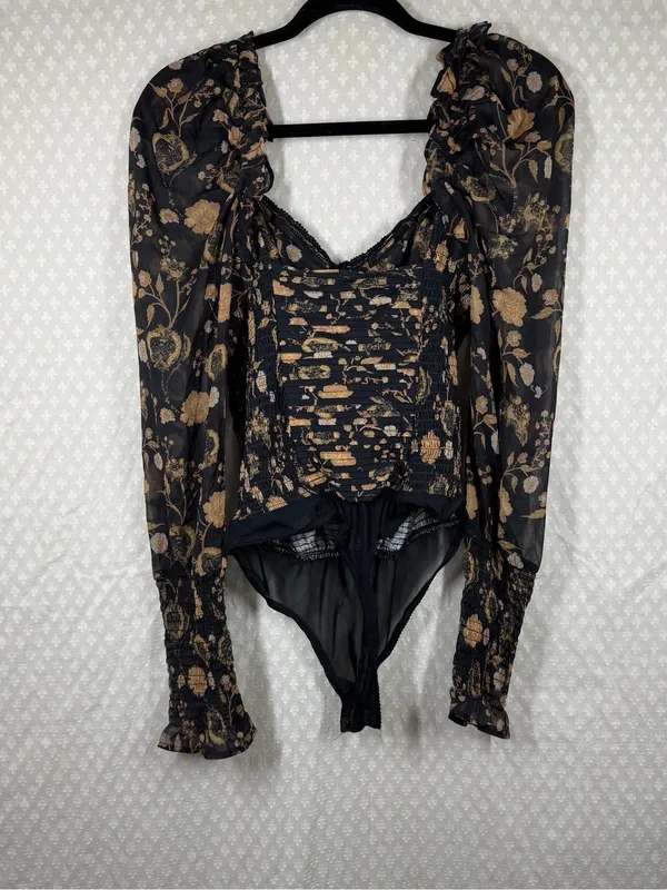 Free People Brown Black Floral Brunch Date Puff Sleeve‎ Bodysuit - Image 5