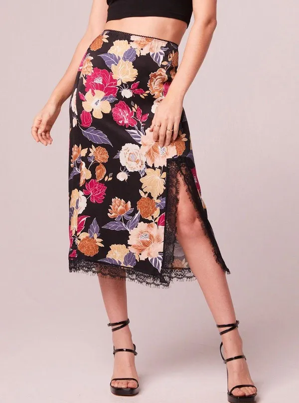 New Band of the Free Floral Print Lace Slit Slip Midi Skirt Black Multi Size XS - Image 2