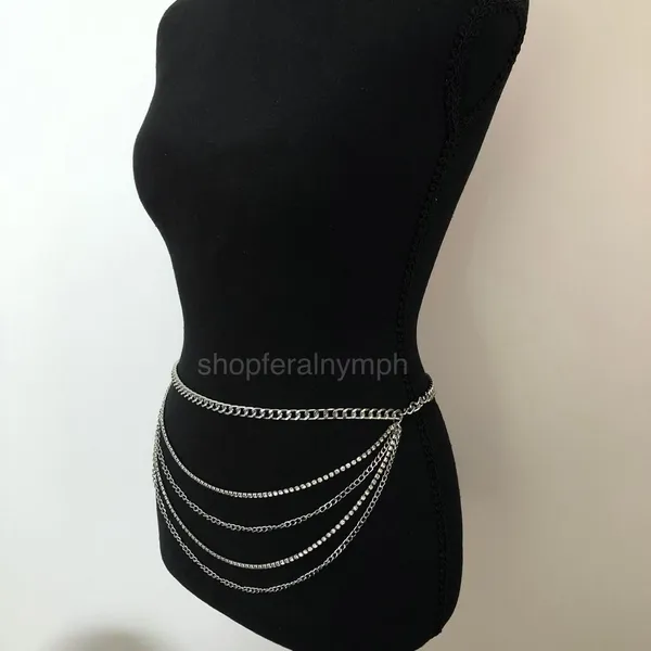 Y2K Glam Silver Rhinestone Draped Chain Belt, Fits 18–42 Inches, X7GA1196 - Image 5