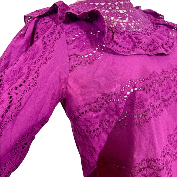 Sézane Elsa Blouse Eyelet Embroidered Ruffled Openwork in Purple Violet sz36/US4 - Image 10
