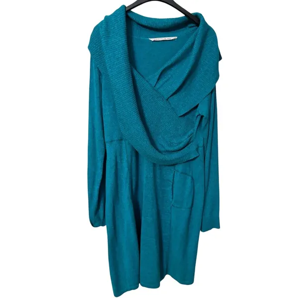 Athleta Teal Sweater Dress 2X Cowl Neck Tunic Organic Cotton Wool Pockets - Image 6
