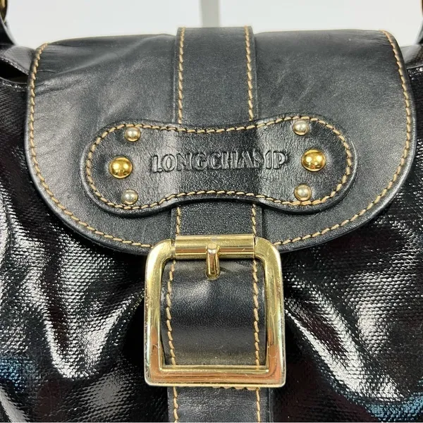 Longchamp Black Patent Leather Dual Handle Satchel Shoulder Bag - Image 3