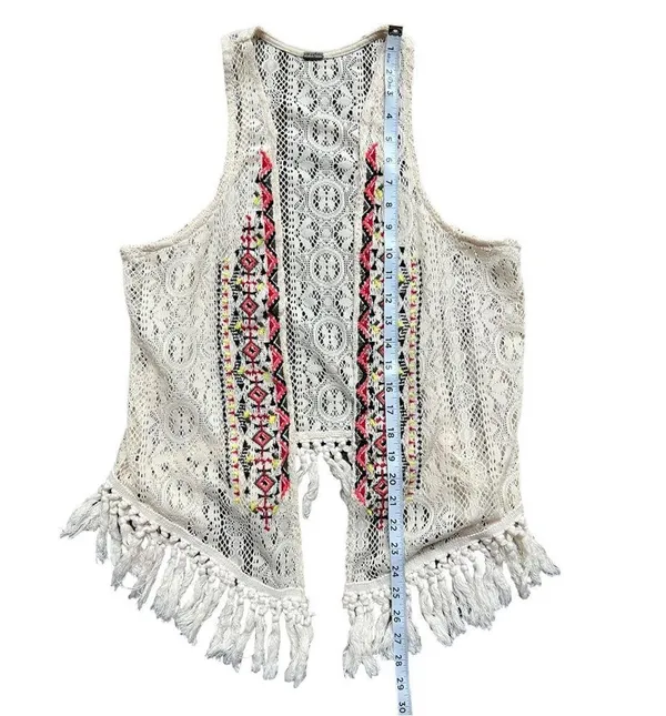 POOF Aztec Embroidered Fringe Needlework Vest Size Large - Image 3