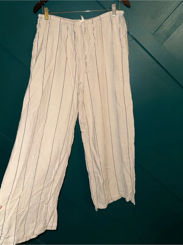 Boho Linen Blend Striped Wide Leg Lounge Pants Cream Drawstring Coastal Grandma - Image 4