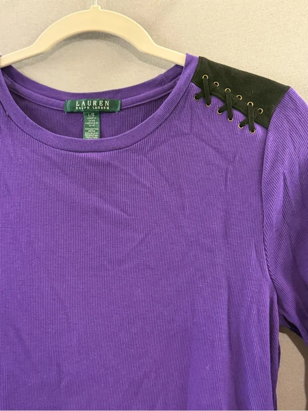 Lauren Ralph Lauren Purple Top with Black suede Lace-Up Shoulders large - Image 2
