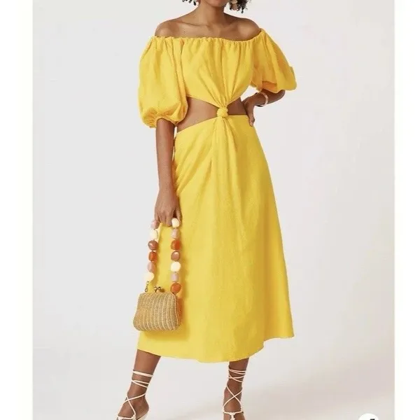 FARM RIO Midriff Dress Size S Yellow Puff Sleeve Off Shoulder Knotted Boho - Image 16