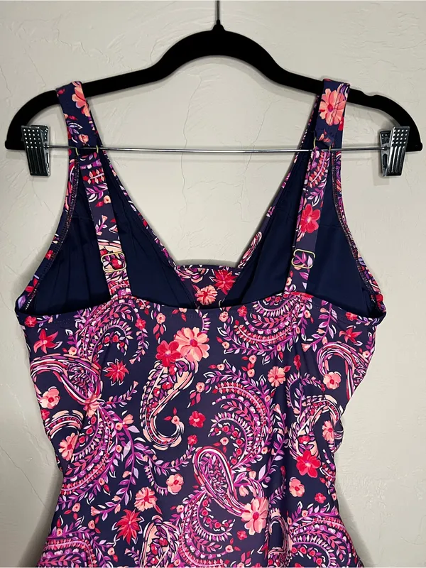 Lands End Purple Floral Paisley Grecian‎ Ruched Slimming One Piece Swimsuit - Image 7