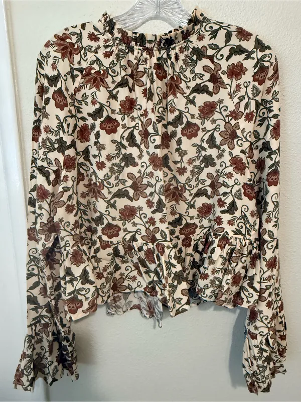 Cream Floral Ruffle Skirt Set with Brown and Green Print - Image 3